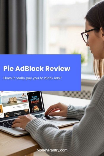 A photo illustrating a Pie Adblock review, showing a woman looking at an online article that is covered in distracting ads, representing the problem the app solves.