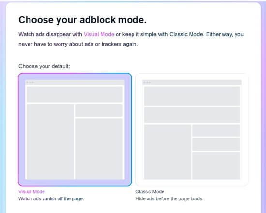 A screenshot of the Pie Adblock setup process, showing the different modes a user can choose for blocking ads.