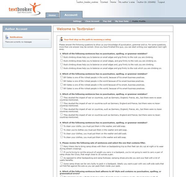 Textbroker Writing and Grammar Test Screenshot of the Textbroker writing and grammar test used to determine a new writer’s rating.