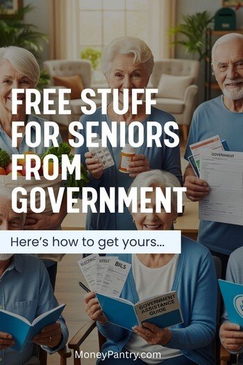 See the real government benefits available to help seniors with food, housing, and healthcare. A group of smiling seniors holding groceries and medicine they received from free stuff for senior citizens from government programs.