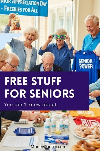 Find out how seniors can get dozens of legitimate freebies and big discounts.
A group of smiling seniors sitting at a table, enjoying the variety of free stuff for seniors they've collected.