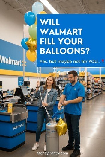 A Walmart employee helping a customer fill colorful helium balloons inside the store. 