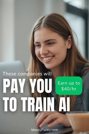 Our complete guide on the best platforms to get paid to train AI, even with no experience. A photo of a woman smiling while working on her laptop, illustrating a flexible, work-from-home job where she can get paid to train AI.