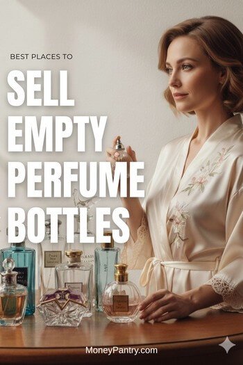 Updated guide to the best places to sell empty perfume bottles. Woman standing next to a collection of vintage and designer empty perfume bottles on a vanity, representing items you can sell for cash on eBay or Etsy.