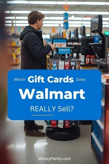 A shopper looking at the wide selection of gift cards from different brands on a display rack inside a Walmart store.