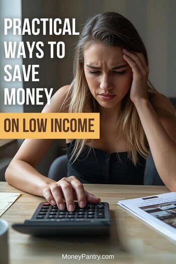 A stressed person using a calculator to create a survival budget, illustrating how to save money on a low income. 