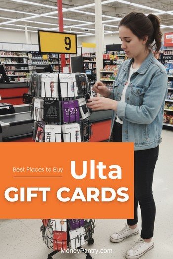 A person looking at a selection of Ulta Beauty gift cards on a display rack inside a retail store. 