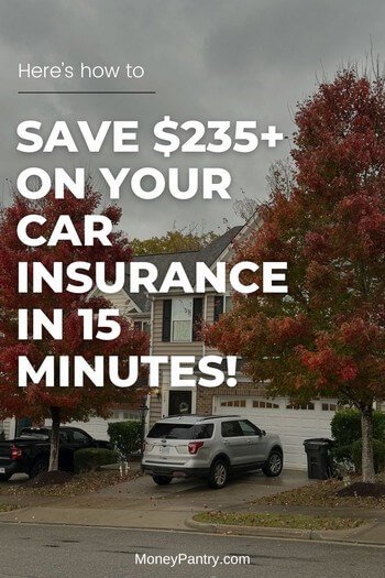 A car parked in a home driveway with overlay text showing how to save $235 on car insurance in 15 minutes using the manual re-rate method.