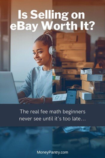 Woman working on laptop next to shipping boxes and cash wondering if selling on eBay is worth it