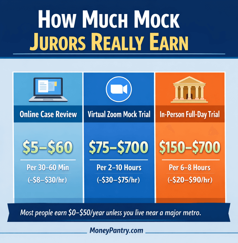 Infographic showing how much mock jurors really earn, comparing online case reviews ($5–$60), virtual Zoom mock trials ($75–$700), and in-person full-day trials ($150–$700).