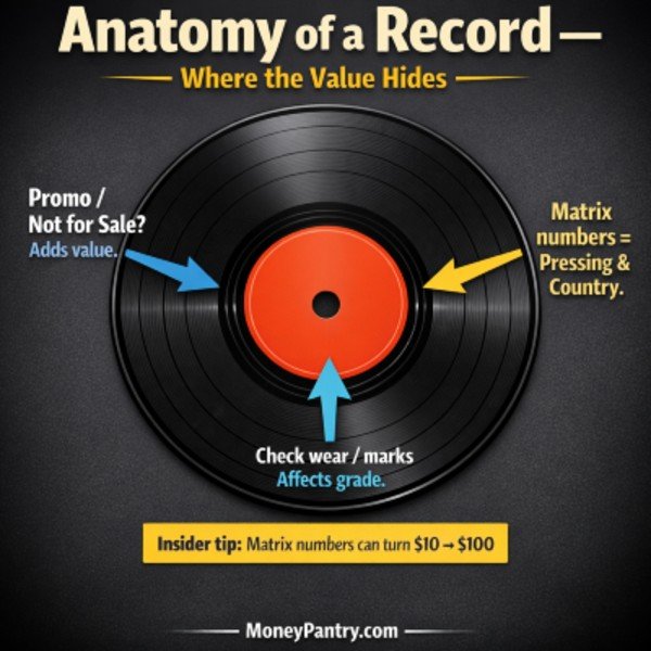 Identifying Rare Vinyl: Matrix Numbers and Promo Labels Diagram of a vinyl record showing where to find the matrix number in the runout groove and how to spot promo labels for grading.
