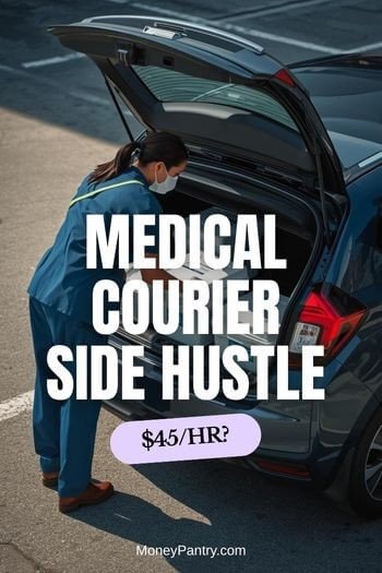 Medical courier in scrubs loading an insulated cooler into a compact car outside a clinic