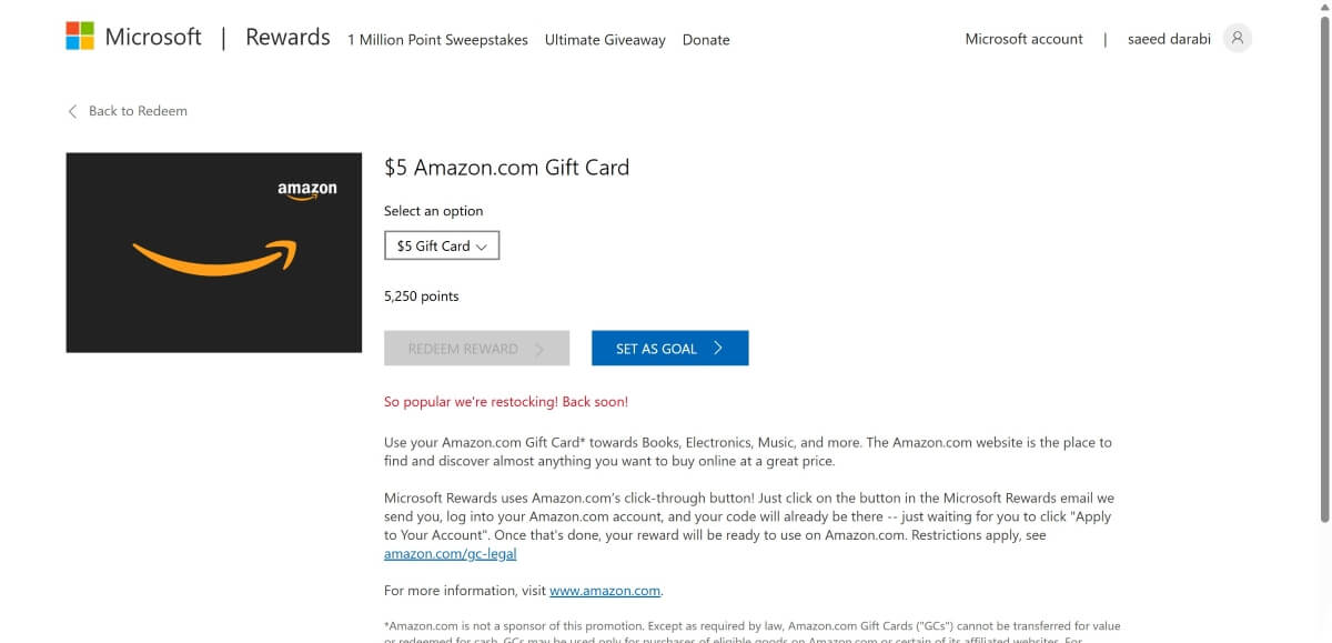 Screenshot of my Microsoft Rewards showing I'm redeeming 5,250 points for a $5 Amazon gift card