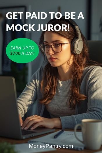 Adult woman sitting at a home desk wearing headphones, focused on laptop screen while participating as a mock juror in an online trial, with coffee and papers nearby