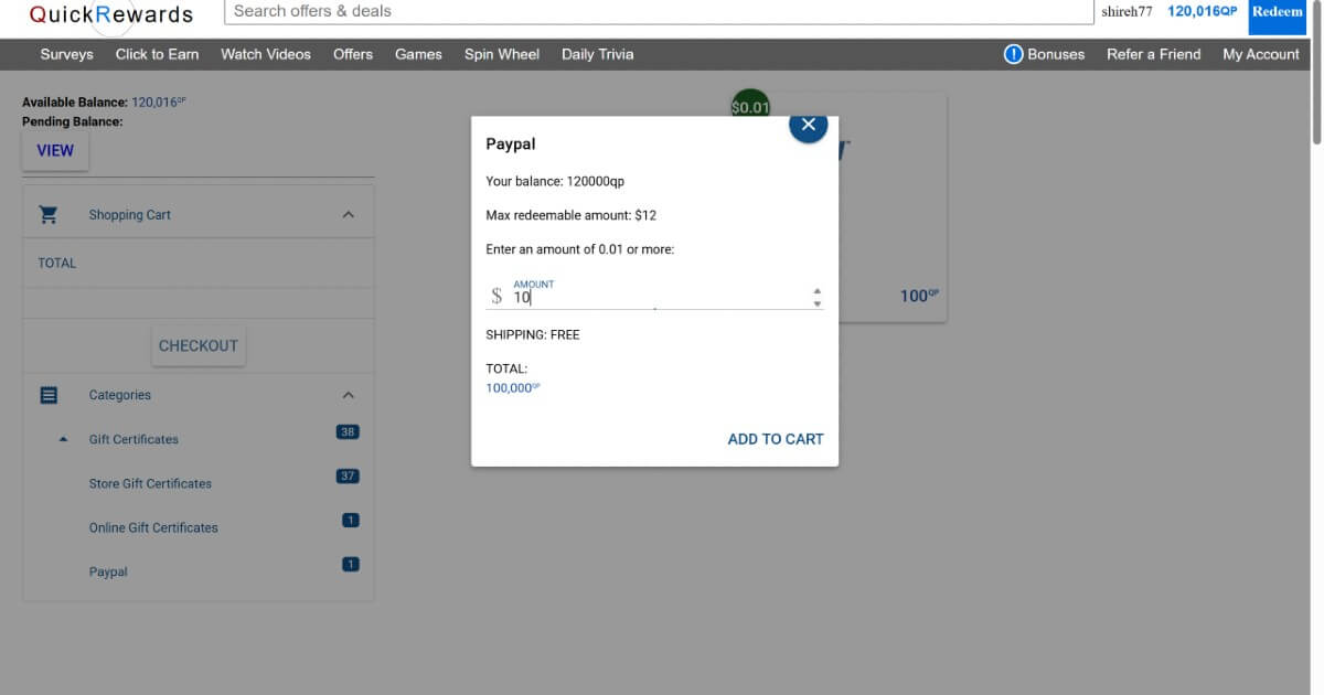 QuickRewards account screen showing points being redeemed for a PayPal payment