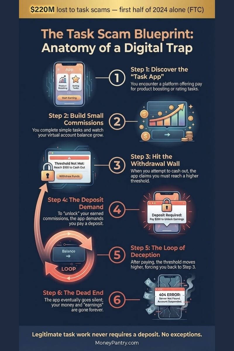 Infographic showing the 6-step task scam cycle — how fake commissions lead to a deposit trap with no payout