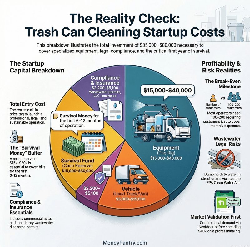 Trash Can Cleaning Startup Costs Explained: Why That $30,000 Survival Fund Matters. A pie chart showing what it really costs to start a trash can cleaning business ($35,000 to $80,000) including your rig, truck, permits, and that crucial $30,000 survival fund to keep you afloat.