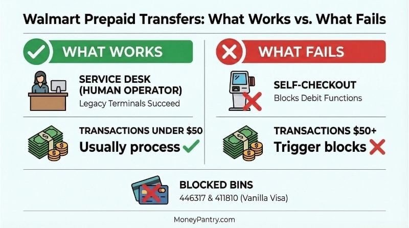 How to successfully transfer a prepaid card at Walmart: Field test results. Infographic showing Walmart field test results for prepaid card transfers: Human service desk vs. self-checkout success rates and rejected BIN numbers 446317 and 411810