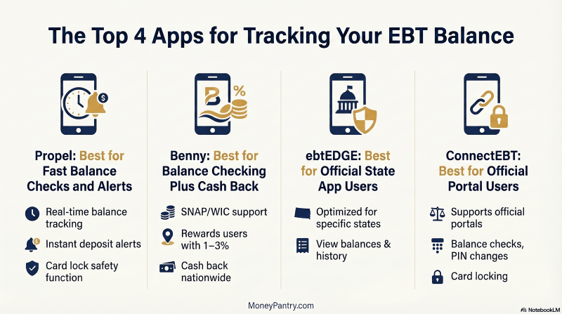 A horizontal comparison chart showing the best features of four EBT apps: Propel (alerts), Benny (cash back), ebtEDGE (official), and ConnectEBT (PIN management).