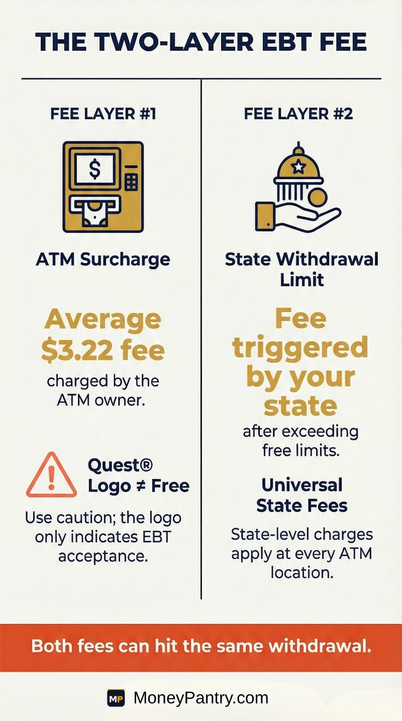 Infographic showing two EBT ATM fee layers: operator surcharge and state withdrawal limit