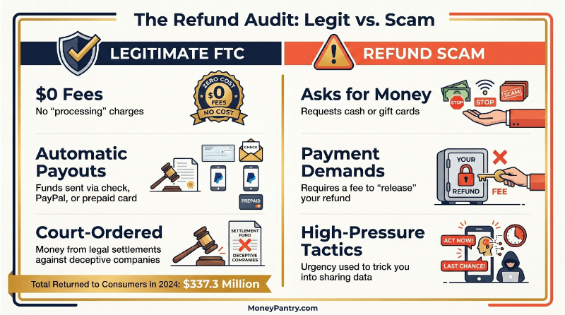  Comparison chart showing legitimate FTC refunds ($0 fees) vs. scams that request payment.