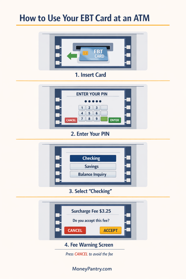 Step-by-step diagram showing how to use an EBT card at an ATM, including inserting the card, entering a PIN, selecting checking, and canceling if a fee appears.