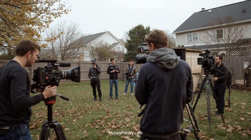 Rent Your Home to Film Crews for $5,000 a Day - MoneyPantry.com Film crew filming a movie scene in a suburban house backyard
