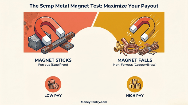 The Magnet Test: High-Value vs. Low-Value Scrap Metal - MoneyPantry.com Visual guide for the magnet test to identify high-value copper and brass scrap