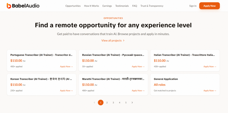 Babel Audio jobs page showing available projects with titles, applicant counts, and hourly rates up to $110 per hour.
