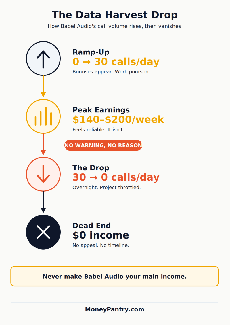  Flowchart showing Babel Audio call volume rising to 30 a day then dropping to zero with no warning.