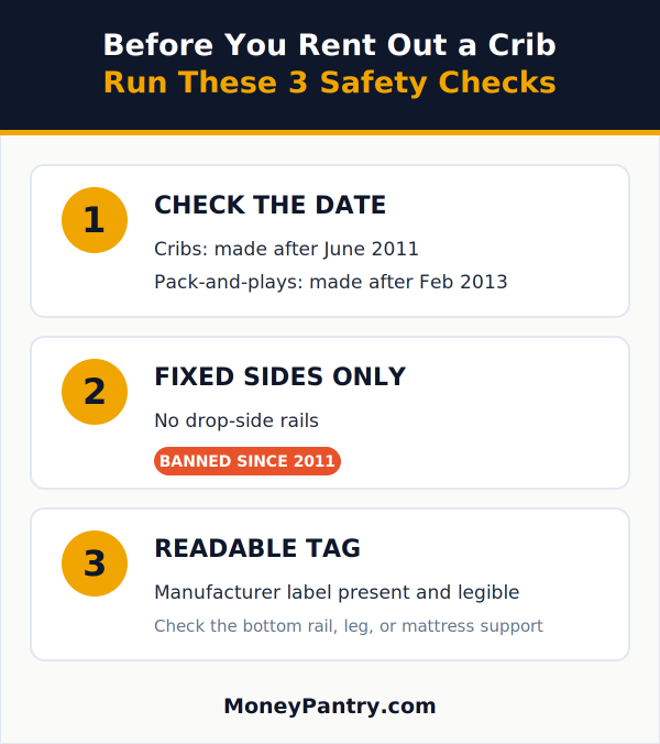 Three safety checks before renting out a crib or pack-and-play: manufacture date, fixed sides, legible tag