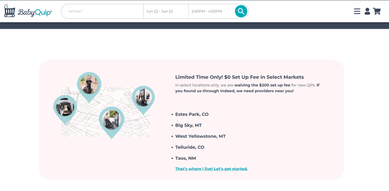 BabyQuip notice showing the $200 setup fee waived for new providers in select markets