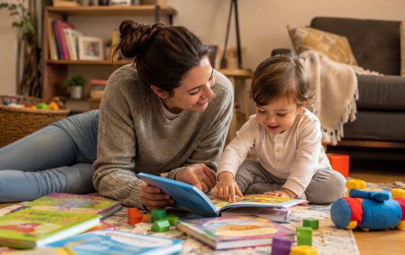 Child reading a colorful picture book with a parent while sitting on the floor surrounded by books and toys.
