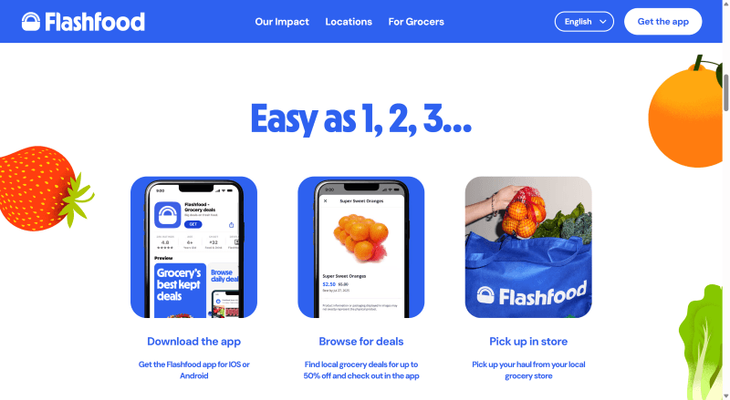 FlashFood app's three steps: download the app, browse the deals, and pick up your order at the store