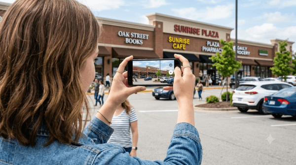 Person taking a photo of a commercial property with a smartphone for the iVueit app