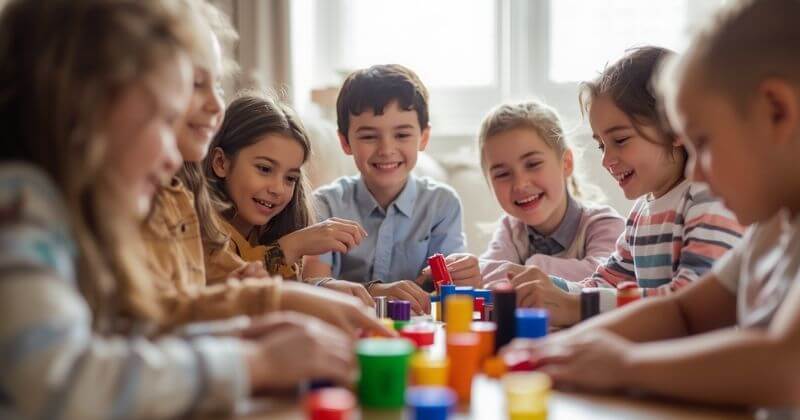 Group of children sitting around a table building and playing with free toys together