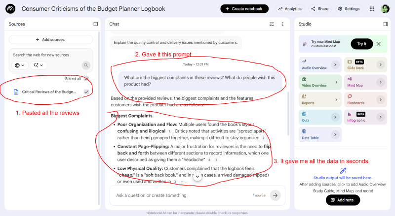 NotebookLM answering a prompt about the biggest complaints in Amazon reviews for a budget planner, surfacing patterns in seconds.