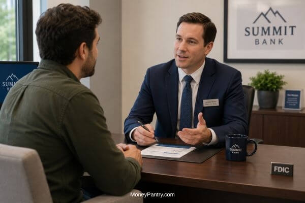Getting Paid to Evaluate a Bank Visit - MoneyPantry.com Bank mystery shopper meeting a banker at a desk during a bank shopping assignment.