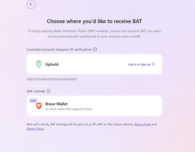 My Brave Rewards payout setup screen showing where users connect an account or wallet to receive BAT rewards.