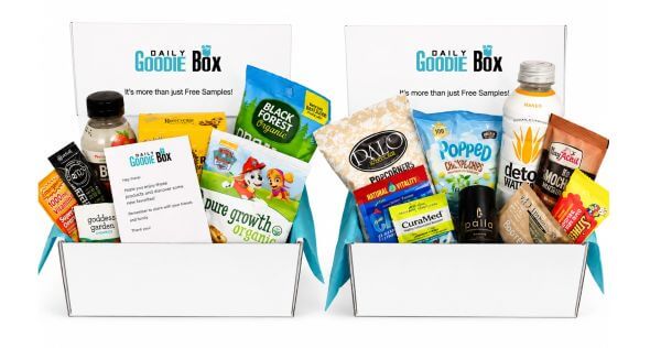 Daily Goodie Box Sample Products - MoneyPantry.com Two Daily Goodie Box sample boxes filled with free snacks, beauty products, and household items available through the product testing program.