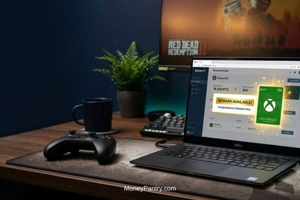A glowing digital Xbox gift card sits beside a laptop showing a reward notification for free Xbox gift cards.