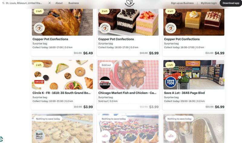 Too Good To Go website search results showing nearby Surprise Bag pickup spots after a zip code search
