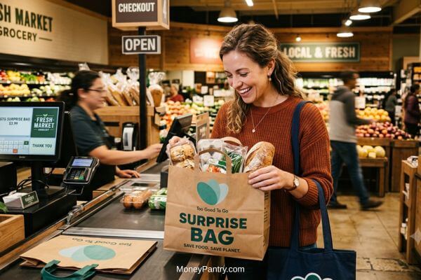 Woman smiling while looking into an open Too Good To Go Surprise Bag in a grocery store