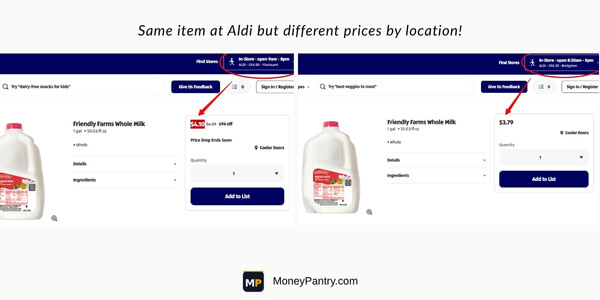 Side-by-side ALDI milk price comparison showing identical gallon of milk priced differently based on store location