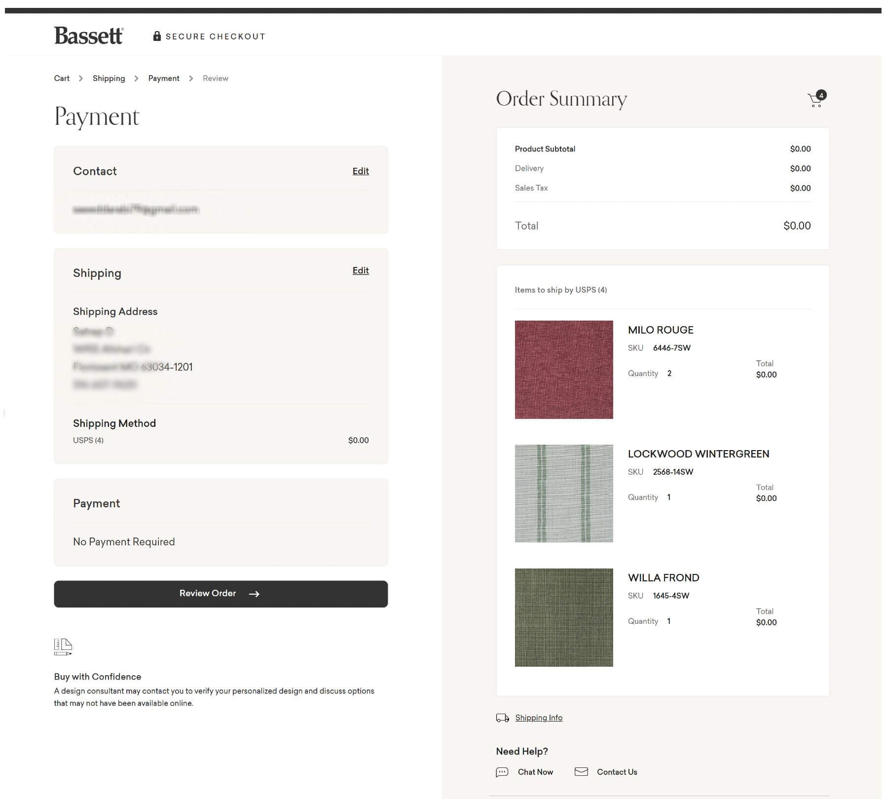 Bassett Furniture online checkout showing a $0.00 total for free fabric samples and free shipping.