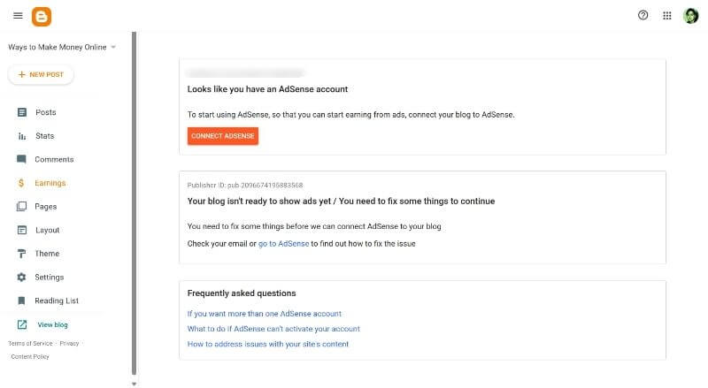 Blogger earnings dashboard showing the option to connect a Google AdSense account for blog monetization