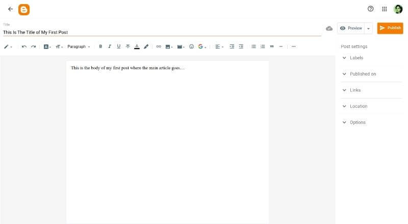Blogger post editor interface showing a sample first blog post title, article editor, labels, links, and publishing settings