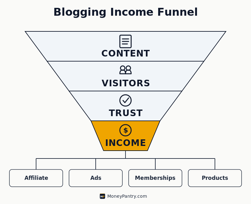 Blogging income funnel showing the progression from content to visitors, trust, and income through affiliate links, ads, memberships, and products