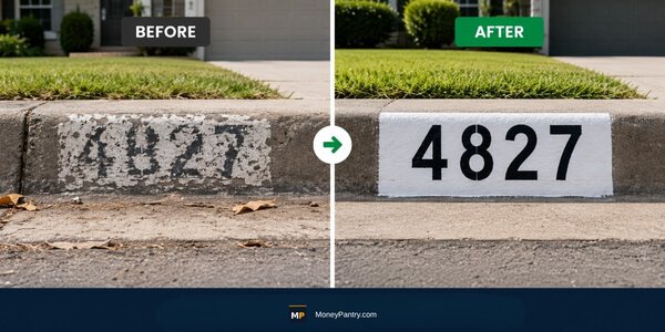 Curb Address Painting Before and After - MoneyPantry.com Before and after showing a freshly painted house number on a curb