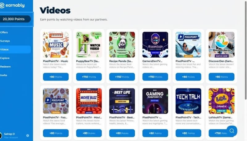 Earnably's video page where you watch videos from partners like PixelPointTV for 80 to 750 points each.